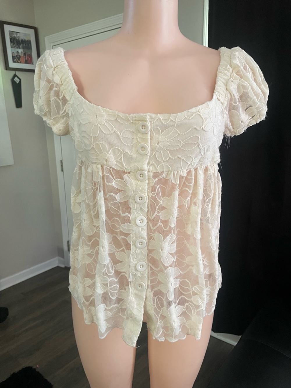 Mixed threads Sheer Lace Button-Front Babydoll Top in Cream button up medium y2k
